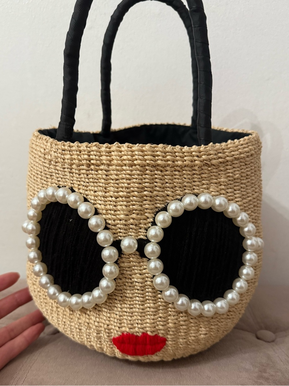 Straw Face Tote with Pearl Sunglasses and Red Lips
